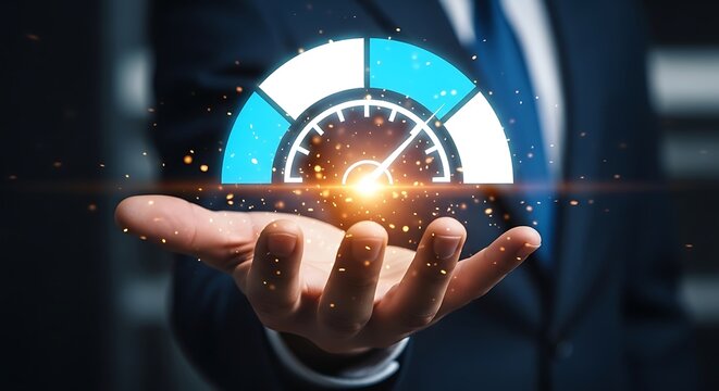 Hand holding glowing speed gauge performance