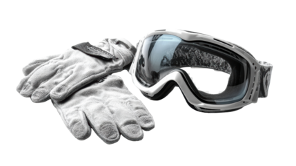 Snow goggles and gloves for winter sports, white isolate background.