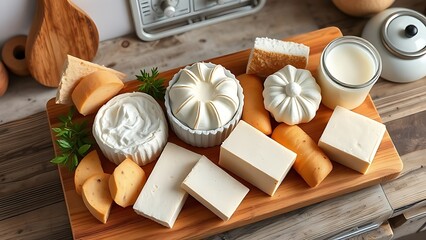 Assorted dairy products on wooden board, rustic kitchen setting with soft light.