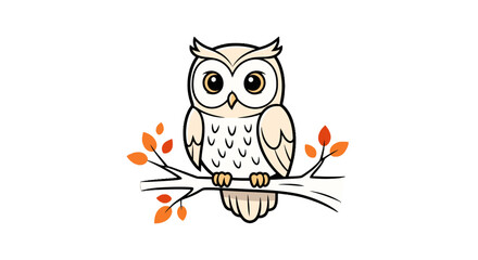 Fototapeta premium Cute Cartoon Owl Sitting on a Branch with Orange Leaves, Wildlife Illustration for Nature Love, Education, and Environmental Conservation Campaigns, Kids Books, and Nature-Themed Designs