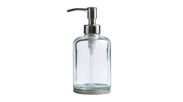 Stylish glass soap dispenser with pump on white isolated background.