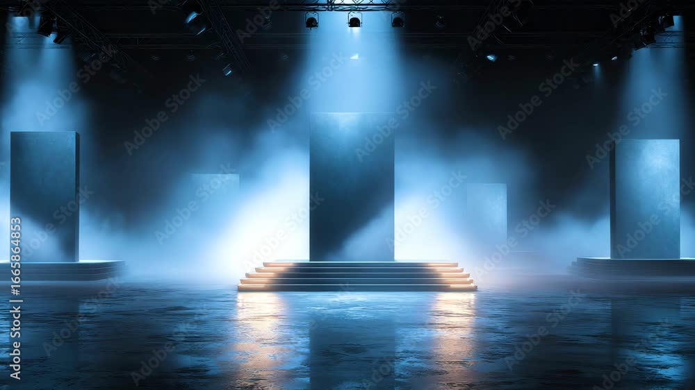 Poster an empty stage illuminated by blue lights, a surreal and atmospheric setting ready for performance.