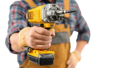 Worker holding a power drill, ready for construction work, white isolated background.
