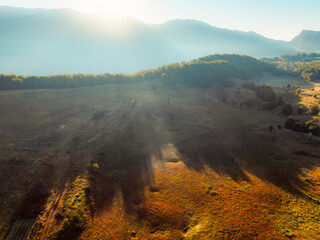 Countryside of Bosnia and Herzegovina. Sunset in mountain Lebrsnik in Sutjeska national park. Kuk mountain near Montenegro