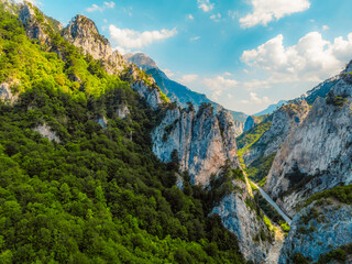  View of Sutjeska road in Bosnia and Hercegovina. Canon in Sutjeska  national park with towering rocks.