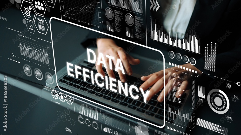 Poster business professional working on laptop with data efficiency concept and digital interfaces in moder