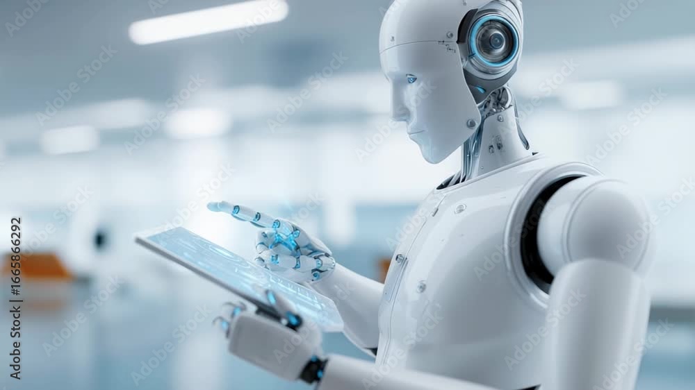Poster sleek robot interacts with digital interface, showcasing advanced technology integration