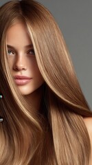 Naklejka premium Studio shot of a young woman with long, straight, light brown hair partially covering her face, highlighting the health and shine of her hair