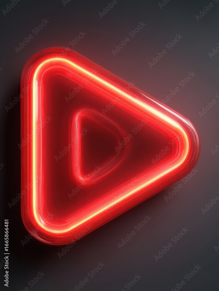 Poster red play button with neon glow isolated on transparent background