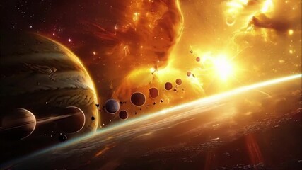 Planets gather in the solar system amidst glowing stars in a vibrant cosmic atmosphere