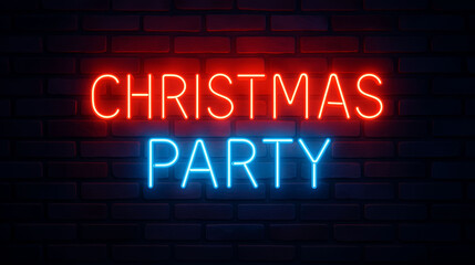 Fototapeta premium Christmas party neon sign glowing on dark brick wall with bright red and blue festive holiday celebration lights and vibrant seasonal atmosphere for winter event