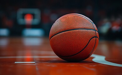 Naklejka premium Close up of an orange basketball on a polished wooden court with blurred background sport