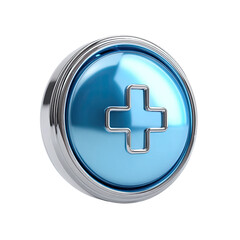 Fototapeta premium Shiny, blue button with silver rim and white plus symbol on black background