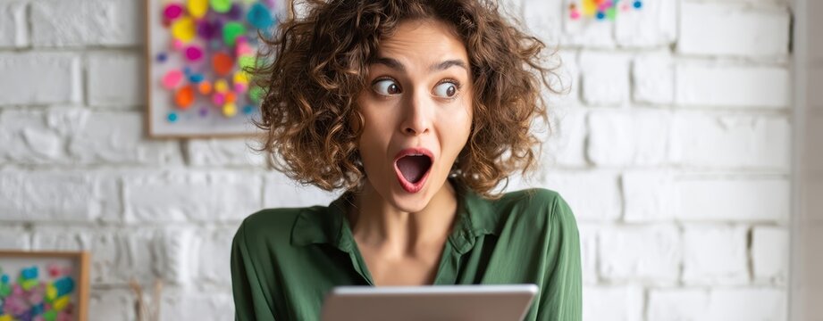 The Woman with Tablet Reacting to Surprising News in Bright Home Office - Powered by Adobe