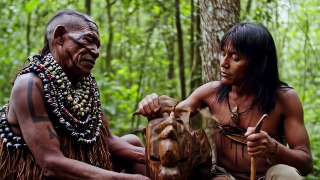 Indigenous elders pass down traditions through crafting wooden masks in the jungle