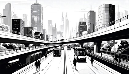 Naklejka premium A city street scene, featuring elevated walkways and buses, rendered in a striking black and white style.