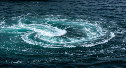 Ocean whirlpool with swirling turquoise water in a dark blue sea. Powerful vortex showcasing the force of nature in a coastal landscape. Natural phenomenon with a stunning visual.