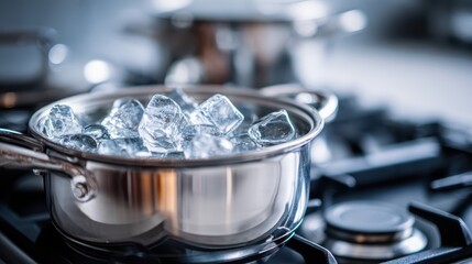 Stainless steel saucepan containing ice cubes resting on sleek gas stovetop, contrasting temperature extremes within minimalist kitchen environment