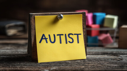 Autist word on sticky note with colorful blocks in blurred container concept of autism awareness disorder communication psychology and education support