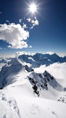 Pristine Snowy Mountains Under Bright Sun and Clouds