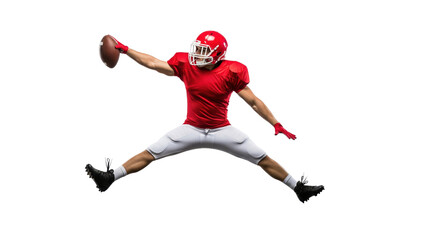 American Football Player in Action: A dynamic image of an American football player in mid-air, showcasing athleticism and the thrill of the game. He is captured during a crucial play.