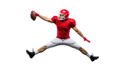 American Football Player in Action: A dynamic image of an American football player in mid-air, showcasing athleticism and the thrill of the game. He is captured during a crucial play.