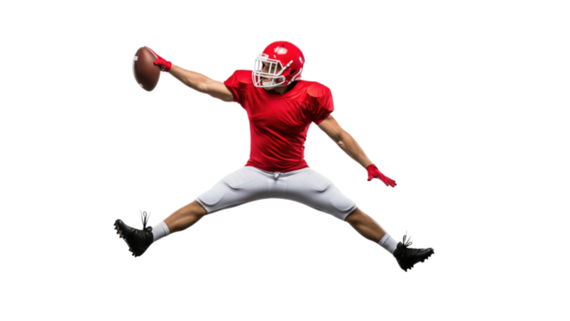 American Football Player in Action: A dynamic image of an American football player in mid-air, showcasing athleticism and the thrill of the game. He is captured during a crucial play.