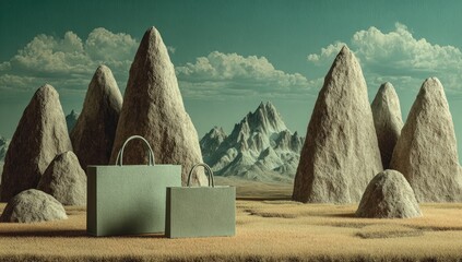 Two muted green shopping bags rest in a desert landscape, amidst conical rock formations, against a backdrop of snow-capped mountains