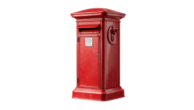 Classic red pillar box, UK. Features letter slot, door, and ornate details - Powered by Adobe