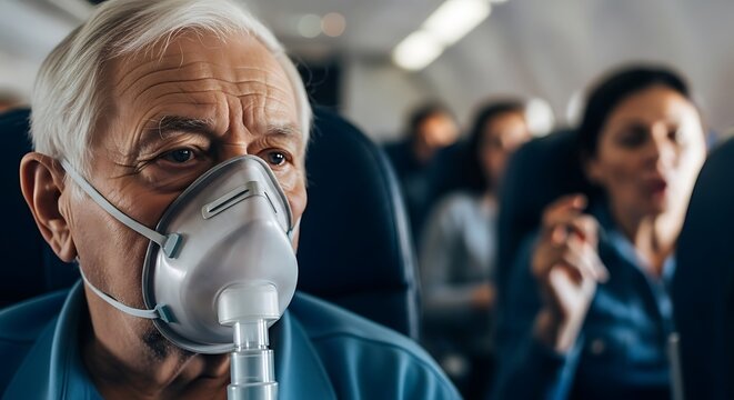 Elderly man wearing oxygen mask on airplane travel
