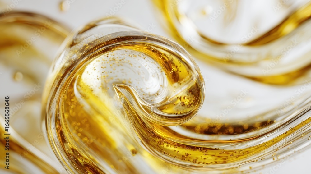 Poster golden honey dripping, swirling with luminous particles, forming dynamic abstract patterns highlight