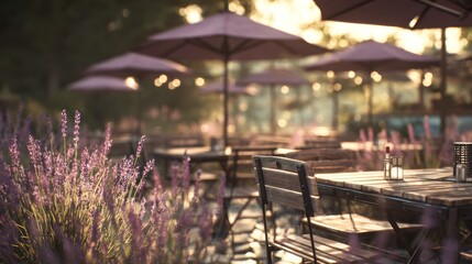 Realistic stock photo of 'outdoor restaurant' scene using lavenders tones, conveying a authoritative mood, tailored for Game developers.