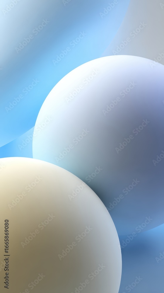 Poster overlapping smooth spheres forming dynamic composition against gradient backdrop, representing moder