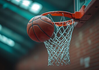 Fototapeta premium Orange basketball about to go through a net in a sports arena game hoop