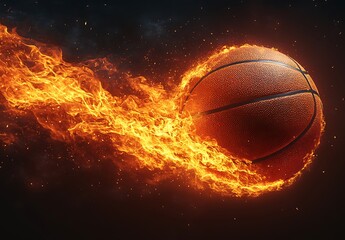 Obraz premium Orange basketball engulfed in bright orange and yellow flames on dark background fire