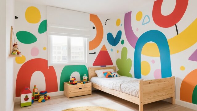 A children's room with bright colors and childlike decorations. The combination of wall paintings, toys and simple furniture creates a lively and warm growth space.