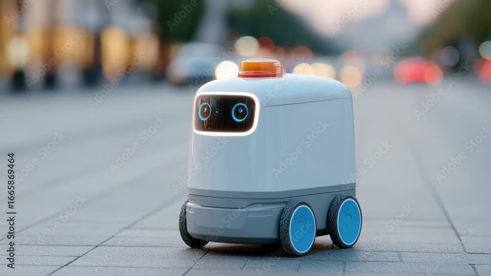 Poster compact delivery robot navigating urban landscape with bright lights illuminating path