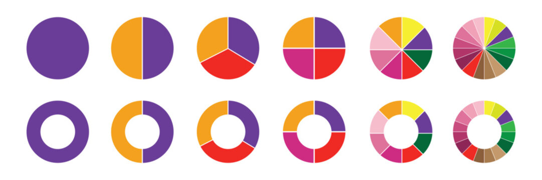Set of colorful pie charts. Colorful pie charts with varying segments. Circle section graph. Pie chart set. Pie charts diagrams. Different color circles. donut and pie chart infographic elements set