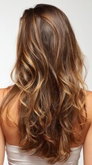 Fototapeta premium Woman walking away, displaying long wavy brown hair with blonde highlights, embodying contemporary elegance and trendsetting hairstyle