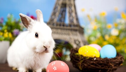 A charming white rabbit sits amidst colorful Easter eggs and springtime flowers, with a miniature Eiffel Tower in the background.