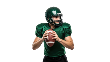Gridiron Gaze: An American football quarterback in striking green attire prepares to throw the ball, his intense focus and athletic build highlighted against a clean background.