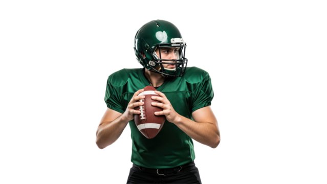 Gridiron Gaze: An American football quarterback in striking green attire prepares to throw the ball, his intense focus and athletic build highlighted against a clean background.