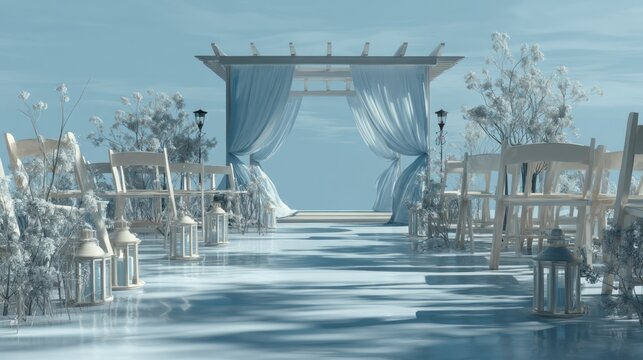 Realistic stock photo of 'outdoor wedding' scene using muted blues tones, conveying a optimistic mood, tailored for Social media managers.