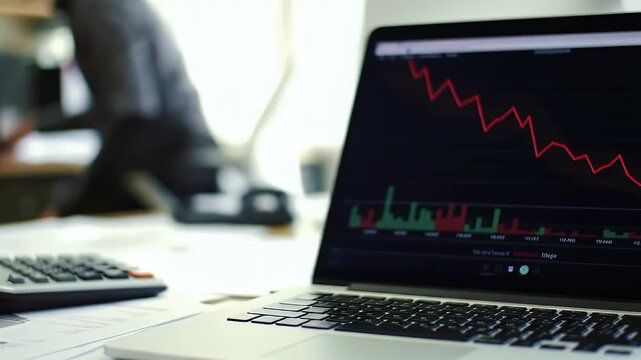 Finances Down, financial chart on laptop screen showing red downward trend line, office desk with papers and calculator - Powered by Adobe