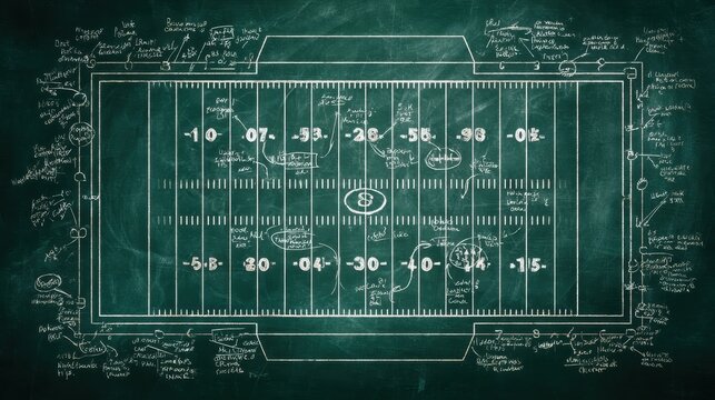 Complex football play illustrated on a chalkboard, showcasing detailed game strategy, tactics, and player positions, enhancing understanding for coaches and players alike
