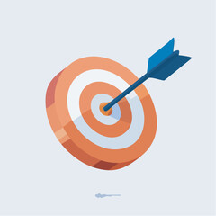 Blue arrow hitting center of orange target on white backdrop representing success and achievement in business, conveying focus and precision.