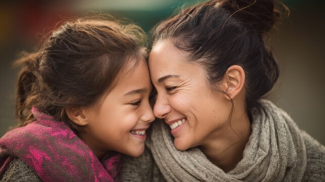happy latin mother and daughter having tender moment together outdoor  focus on mom eye no logos no brands ar 169
