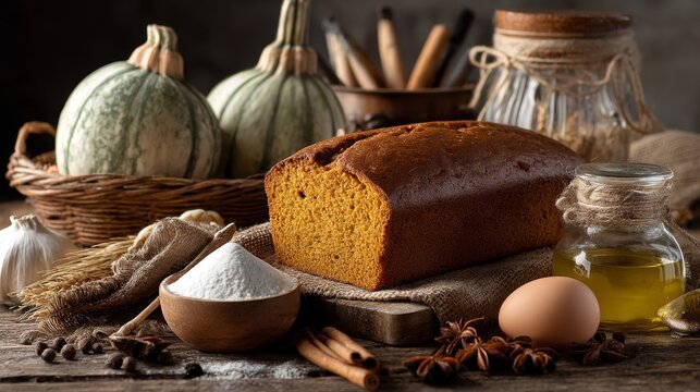 Rustic Pumpkin Bread Still Life with Autumnal Ingredients