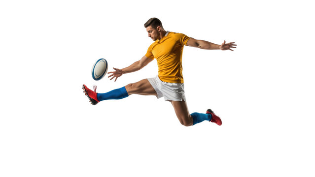 Dynamic Rugby Action: Capturing the intensity and athletic grace of a rugby player executing a powerful kick during a spirited match. It's a moment frozen in time, highlighting the player's form.