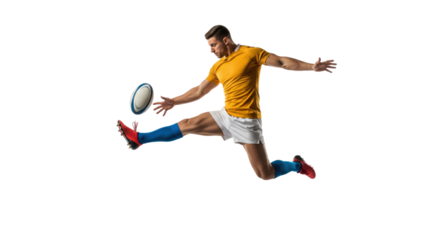 Dynamic Rugby Action: Capturing the intensity and athletic grace of a rugby player executing a powerful kick during a spirited match. It's a moment frozen in time, highlighting the player's form.
